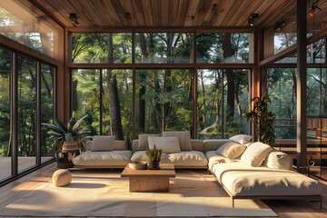 Interior design of modern living room in wooden house among the trees. Created with generative AI