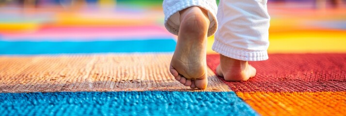 Precision footwork  judoka balancing weight with coordination, olympic sport close up