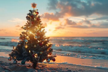 Christmas tree on a sandy beach against the backdrop of a sunset.