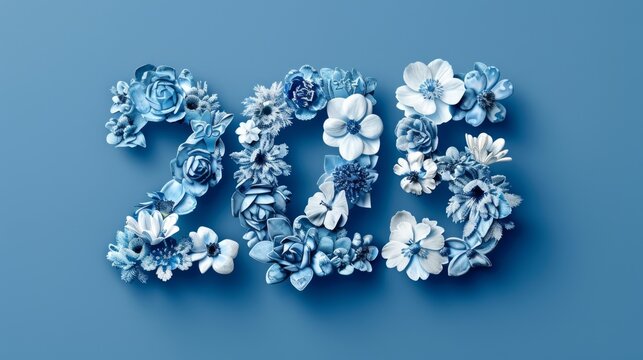 monochrome withe blue color of the background, through which the shape of the letter " 205 " made of flowers shows through