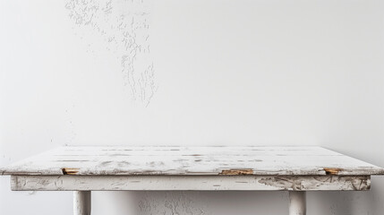 A white wooden table stands against a plain white wall. The table is empty and contrasts with the walls color, creating a minimalist and clean look