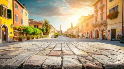 Beautiful sunrise of a colonial-style town in Europe in high resolution and high quality. travel...