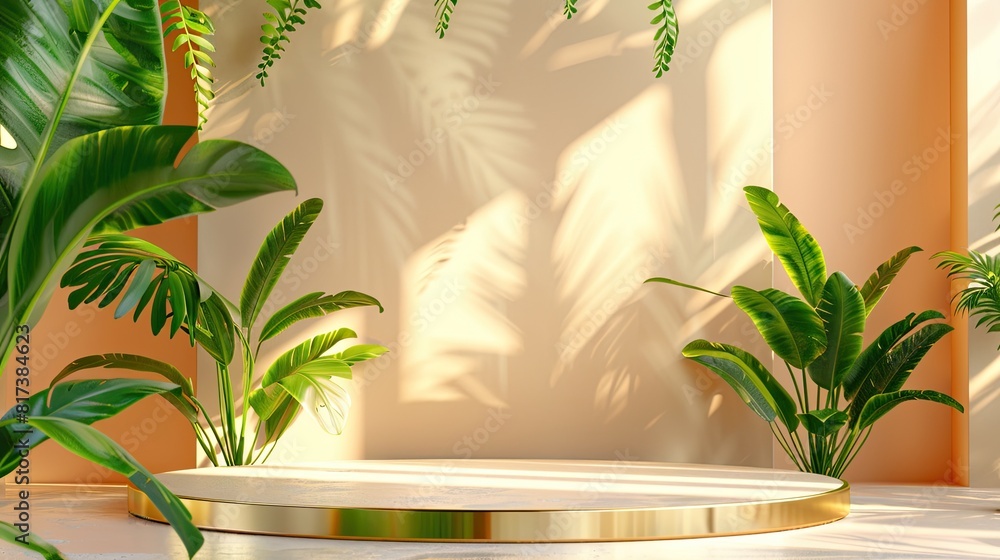 Poster A gold and green plant display with a large empty space in the middle. The plants are arranged in a way that creates a sense of depth and dimension