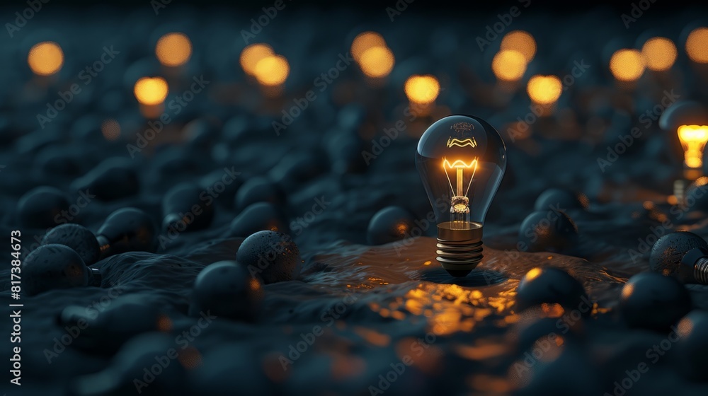 Poster one of lightbulb glowing among shutdown light bulb in dark area with copy space for creative thinkin