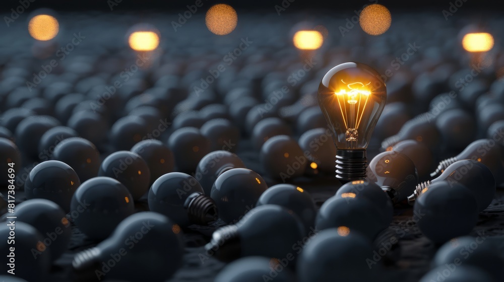 Poster one of lightbulb glowing among shutdown light bulb in dark area with copy space for creative thinkin
