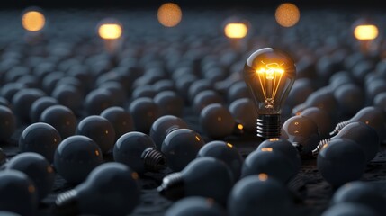 Obraz premium One of Lightbulb glowing among shutdown light bulb in dark area with copy space for creative thinking , problem solving solution and outstanding concept