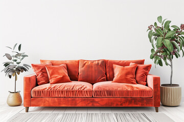 Interior poster mock-up with fabric sofa and pillows on white wall background. 3D rendering.
