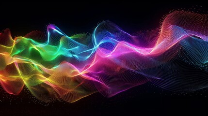 Fototapeta premium partical waves, rainbow colors, glowing, black background, perspecitve view, heart rate pulse 