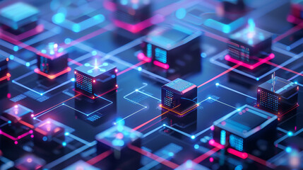 Digital concept of advanced networking technology with glowing blue and red blocks connected by lines.