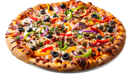  An ultra-HD capture of a veggie pizza topped with colorful bell peppers, mushrooms, olives, transparent background
