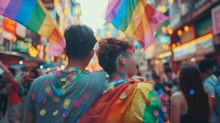 Two Asian Men in Love Kissing Against Rainbow Flag Background