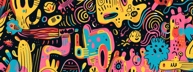 Obraz premium A playful, cartoonish background with doodles and sketches in bright colors.