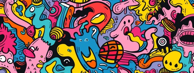 Fototapeta premium A playful, cartoonish background with doodles and sketches in bright colors.