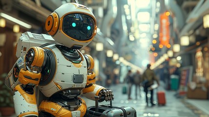 Fototapeta premium Working together, Robot accompanying a human on a walk, acting as a companion or guide. surrealistic Illustration image,
