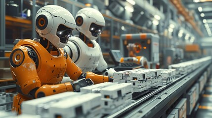 Working together, Robot and a human working together on an assembly line in a factory. surrealistic Illustration image,