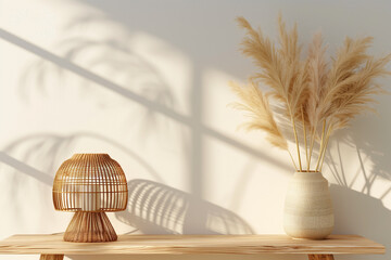 Interior wall mockup in minimalist Japandi style with light biege wooden console dried pampas grass and wicker basket lamp on empty warm white background. Close up view 3d rendering 3d illustration