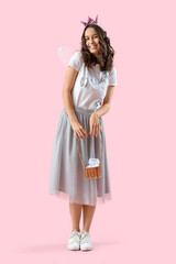 Tooth Fairy with basket on pink background