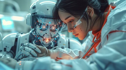 Working together, Robot assisting a nurse in a healthcare setting, checking patient vitals. surrealistic Illustration image,