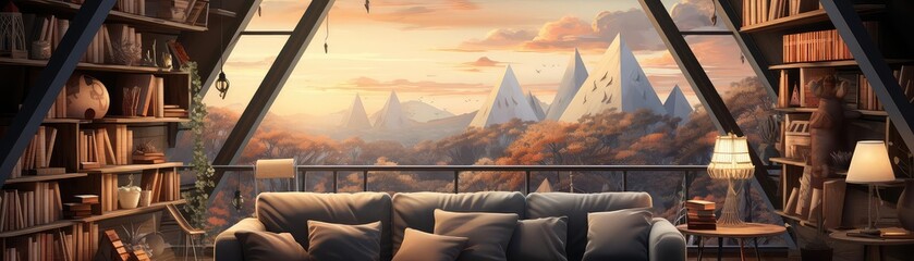 Attic background flat design front view cozy reading nook theme cartoon drawing Monochromatic Color Scheme