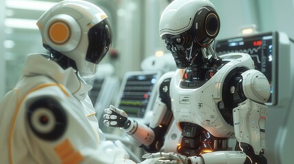 Fototapeta premium Working together, Robot assisting a nurse in a healthcare setting, checking patient vitals. surrealistic Illustration image,