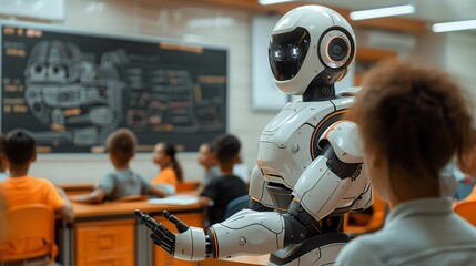 Working together, Robot assisting a teacher in a classroom, helping students with their studies. surrealistic Illustration image,