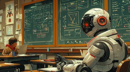 Working together, Robot assisting a teacher in a classroom, helping students with their studies. surrealistic Illustration image,