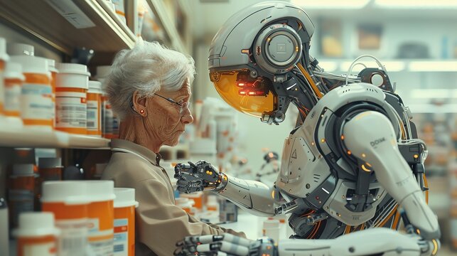 Working together, Robot assisting an elderly person with daily tasks like fetching medication. surrealistic Illustration image,