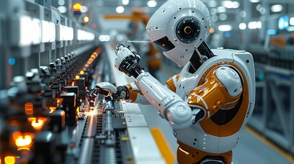 Fototapeta premium Working together, Robot helping a technician, repairing and maintaining machinery. surrealistic Illustration image,