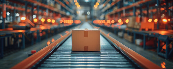 Fototapeta premium Conveyor Belt Transporting Cardboard Boxes in an E-commerce Warehouse