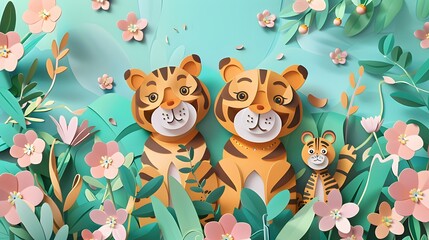 Paper cut style illustration of an adorable tiger family surrounded by blooming flowers.Family day...