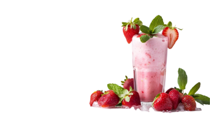  An ultra HD image of a strawberry shake in a clear glass, garnished with fresh strawberries, transparent background