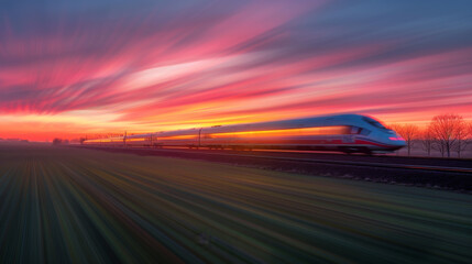 A high-speed train moves rapidly under a colorful, dramatic sunset sky, conveying a sense of motion and speed.