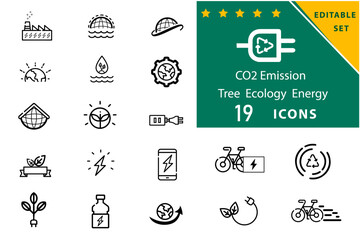 Co2 solar energy ecology Pixel perfect icons. Modern thin outline style of sun power photovoltaic (PV) home system and renewable electric energy technology signs: house, cell, battery.