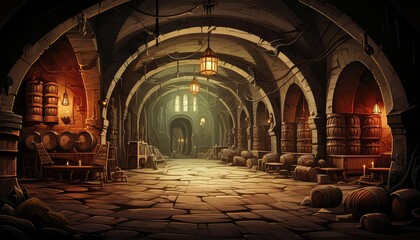 Obraz premium Basement background flat design front view vintage wine cellar theme cartoon drawing Monochromatic Color Scheme