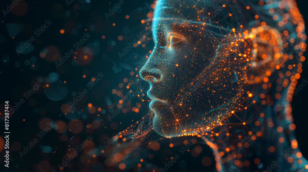 Aufkleber a digital representation of a human face illuminated by dynamic lights, symbolizing advanced technol