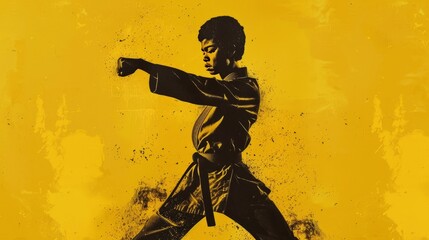 set against a solid yellow background, at its center, the silhouette of a 1970s-era Black martial artist