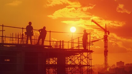 Silhouette of construction workers on scaffolding at sunset, 2025 concept
