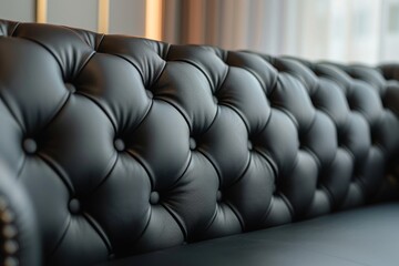 Fototapeta premium Detail of a black leather sofa with tufting