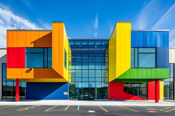 Exterior of a geometric school building with modern architectural design and colorful facade