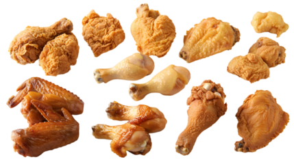  Assorted golden-brown fried chicken drumsticks, wings, and tenders, transparent background
