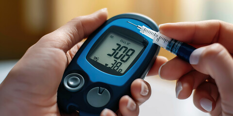 Managing Diabetes: A Diabetic Checks Their Blood Sugar Levels Using a Handheld Blood Machine, Taking Steps to Manage Their Condition with Diabetes Medication