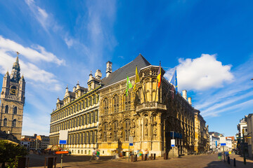 Low angle view of city hall of Ghent during summer day.