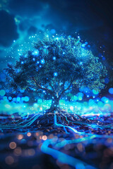 Technology style background in blue tone with an isolated tree