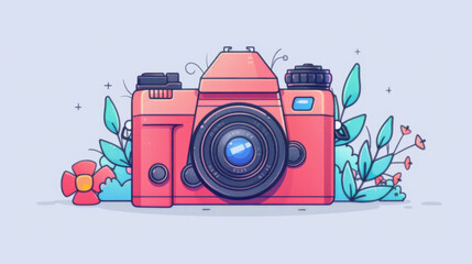 Obraz premium Illustration of a red vintage camera surrounded by flowers and whimsical elements, representing nostalgia and photography.