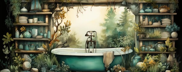 Bathroom background flat design top view rustic woodland theme water color Triadic Color Scheme