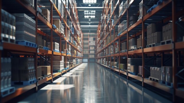 Storage of boxes inside a semi automated industrial warehouse, stock of merchandise on shelves and racks
