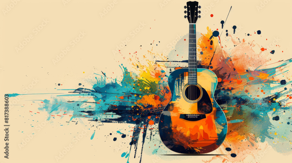 Poster an artistic representation of a guitar with vibrant splashes of color and abstract design elements.