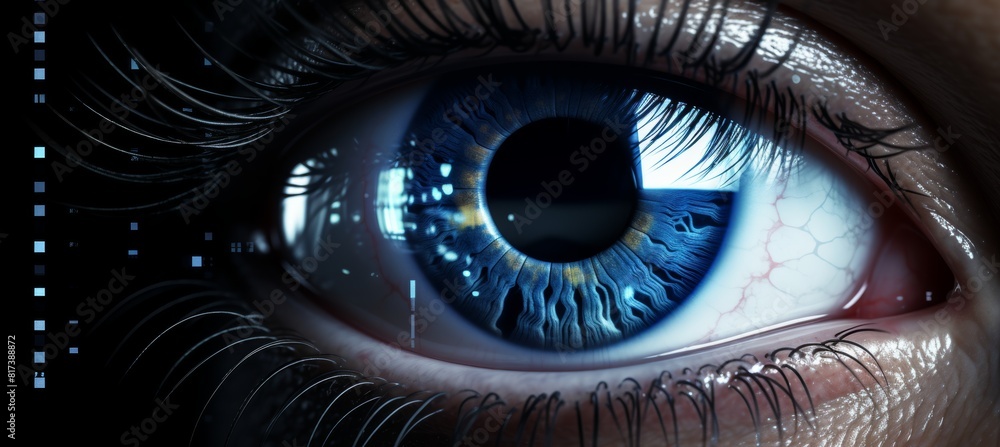 Poster cybernetic vision hacker or ai robot eye in dark technological environment on digital display