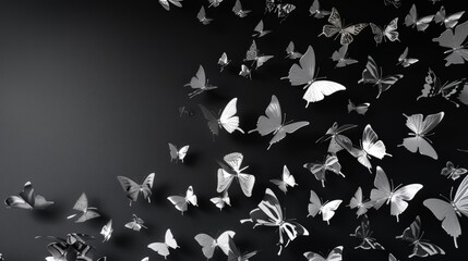 Fototapeta premium trails of silver butterflies on black background, 3D butterfly