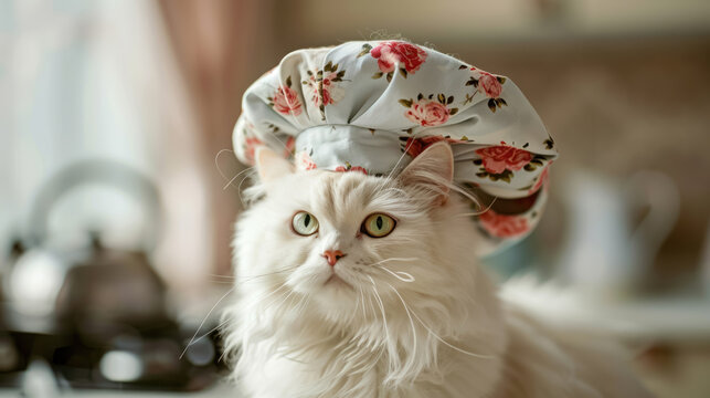 charming white persian cat dressed in chef's attire with floral hat, ready for culinary adventures